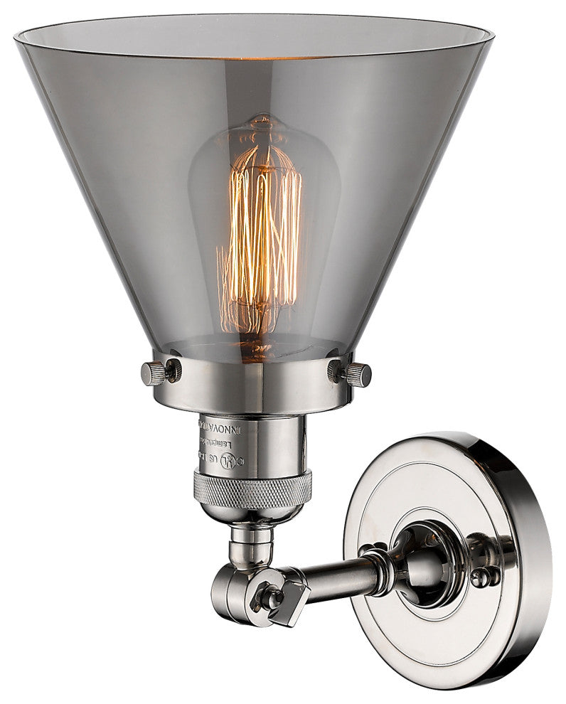 Large Cone 1-Light Sconce, Smoked Glass, Polished Nickel