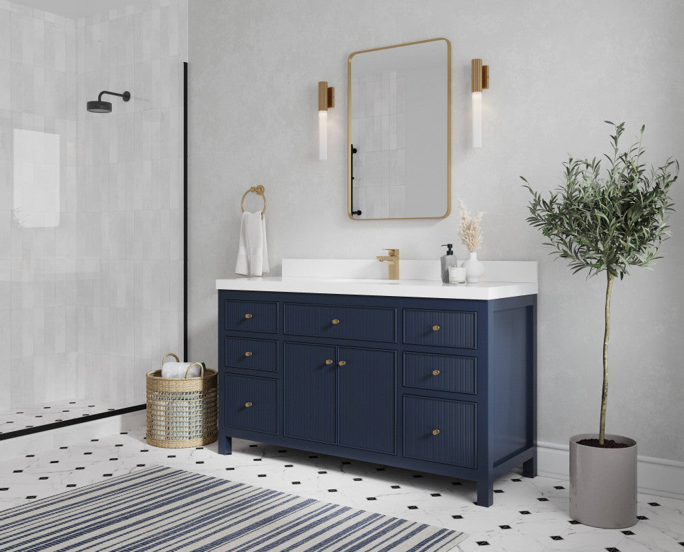Sonoma 60 Single Sink Reeded Bathroom Vanity in Hale Navy Blue 2" Calacatta Nuvo