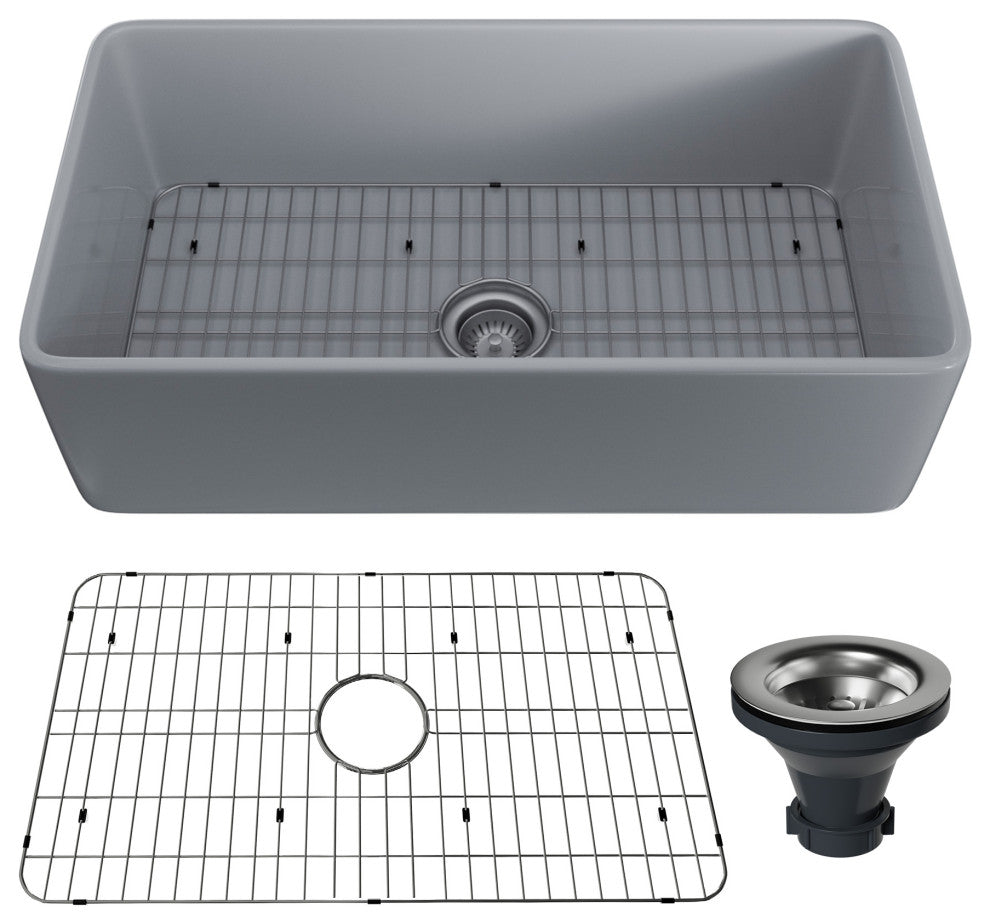 30in Single Bowl Farmhouse Apron Kitchen Sink with Bottom Grid and Strainers, 33