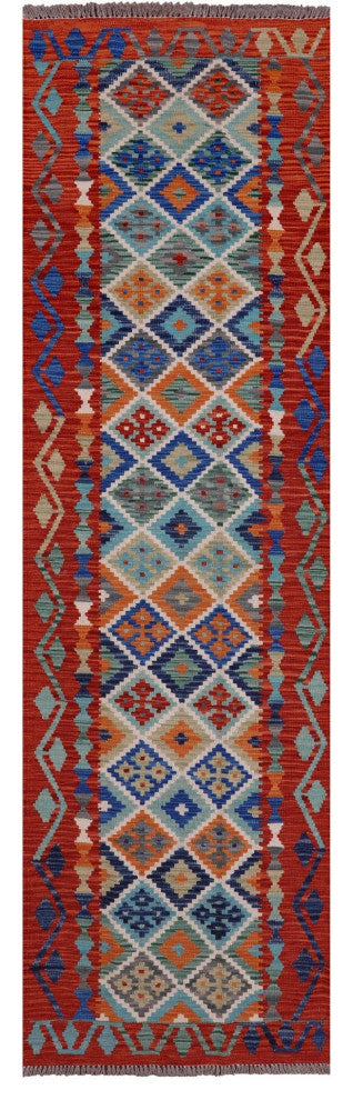 2' 10" X 9' 9" Reversible Kilim Flat Weave Wool On Wool Runner Rug - Q12564