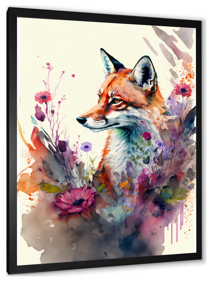 Cute Fox Floral Art II Framed Print, 12x20, Black