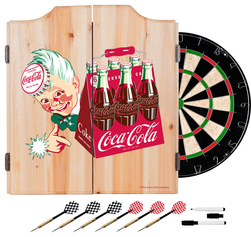 Coca Cola Dart Cabinet Set With Darts and Board, Classic 6 Pack