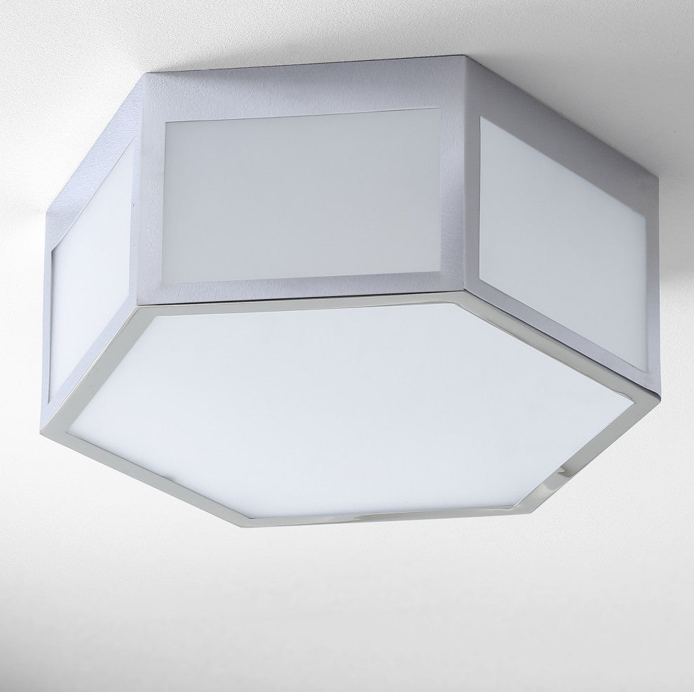Minimo Hexagon Metal and Frosted Glass LED Flush Mount, Chrome, Width: 15.75"