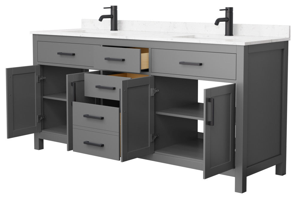 72"DBL Vanity Dark Gray, Carrara Cult. Marble Countertop, Sinks, Black Trim
