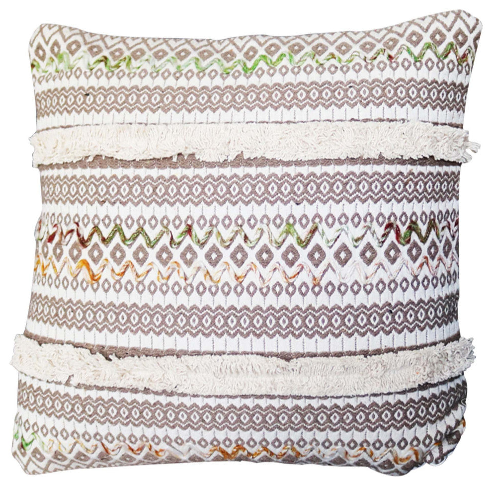 Benzara UPT-261537 Square Jacquard Cotton Accent Throw Pillow, Brown, White