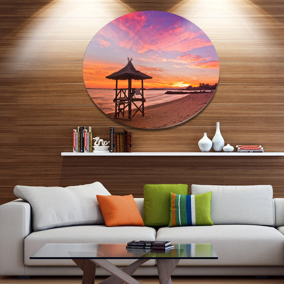 Lifeguard Station In Beautiful Beach, Seashore Disc Metal Wall Art, 36"