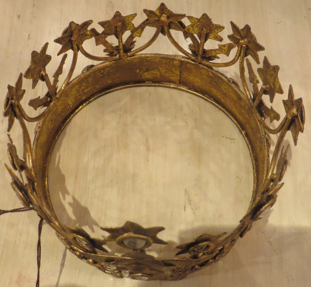 Gold Crown Pillar Candle Holder, Tabletop Metal Jeweled Princess Queen
