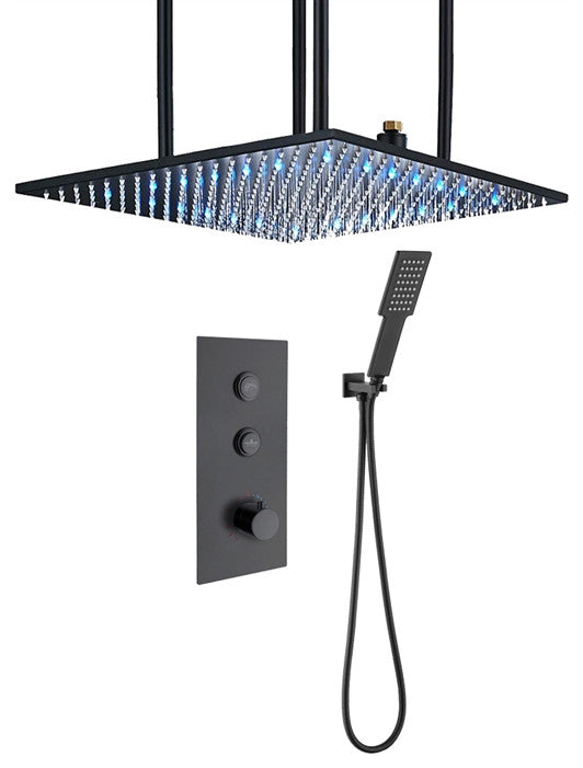 Fontana 24" Thermostatic LED Rainfall Shower System, Handheld Shower-Matte Black