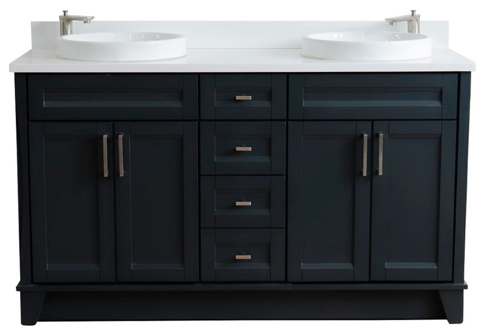 61" Double Sink Vanity, Dark Gray Finish And Engineered Stone Top And Round Sink