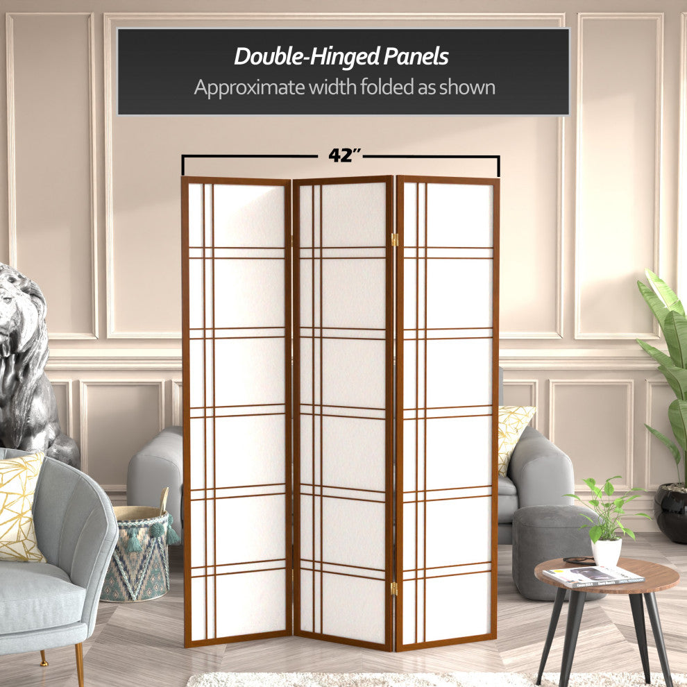 6' Tall Double Cross Shoji Screen, Walnut, 3 Panels