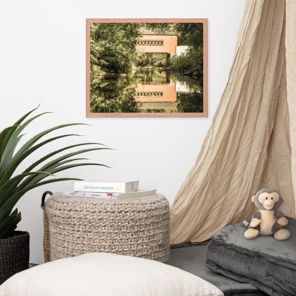 The Reflections of Wooddale Covered Bridge Aged Framed Photo Wall Art Print, Red Oak, 16" X 20"