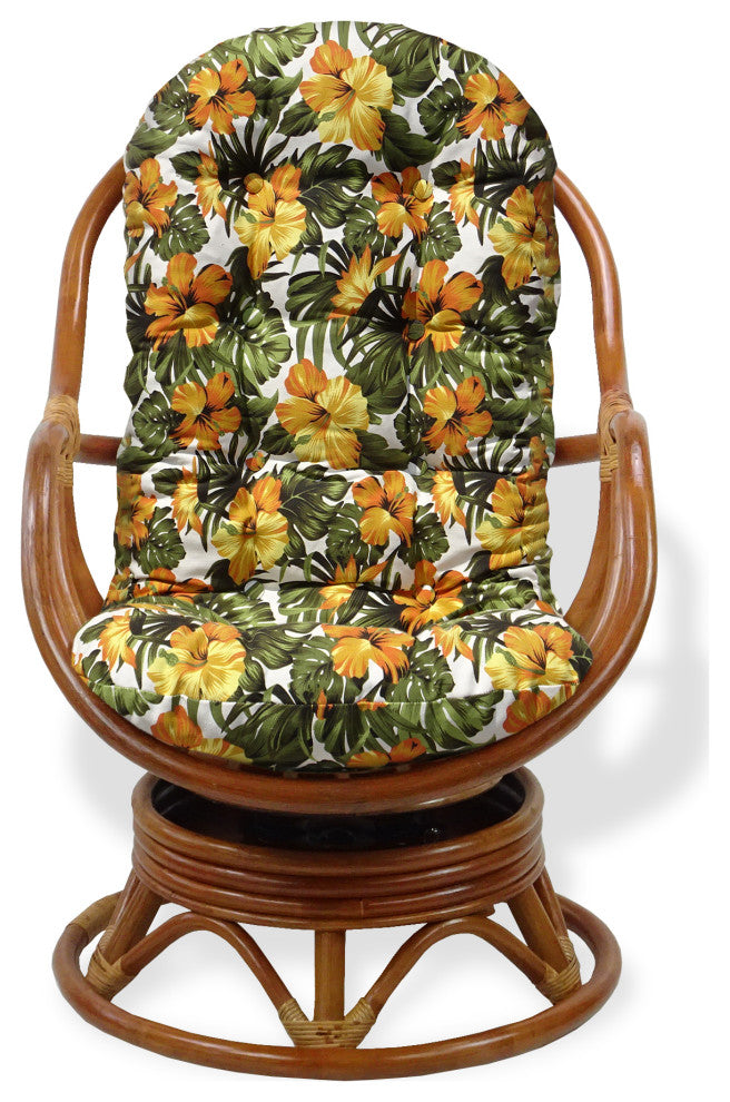 Rattan Wicker Handmade Bali Lounge Swivel Rocking Chair with Cushion, Floral Cushion