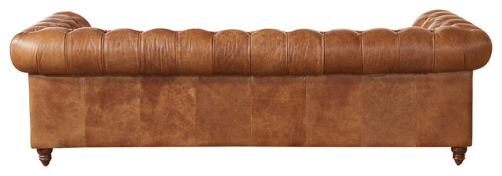 Crafters and Weavers Top Grain Leather Chesterfield Sofa, Light Brown