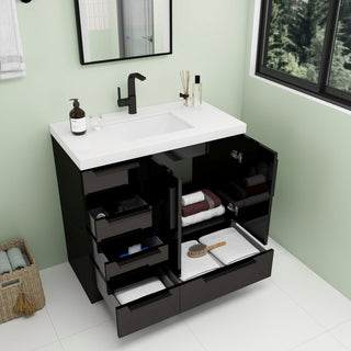 Carla 36" Freestanding Bathroom Vanity With Left Side Drawers, Gloss Black