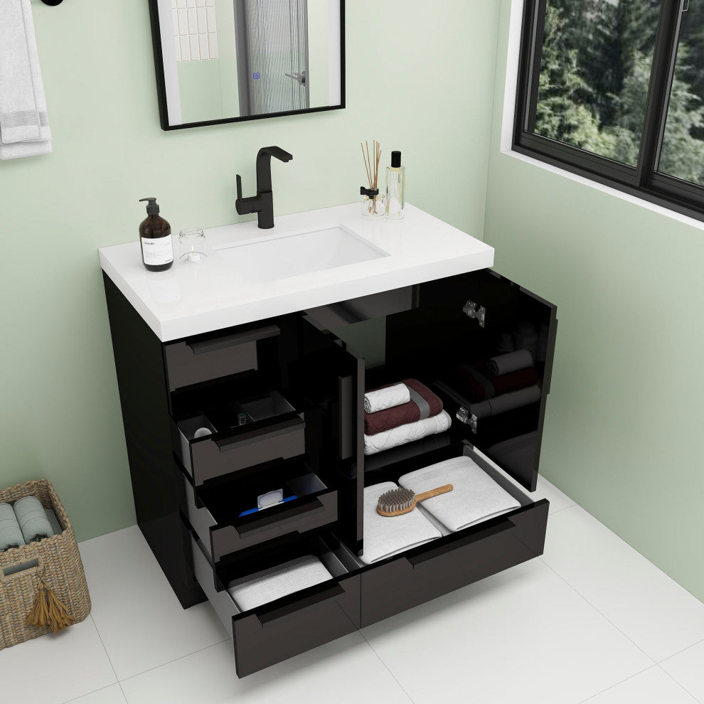 Carla 36" Freestanding Bathroom Vanity With Left Side Drawers, Gloss Black