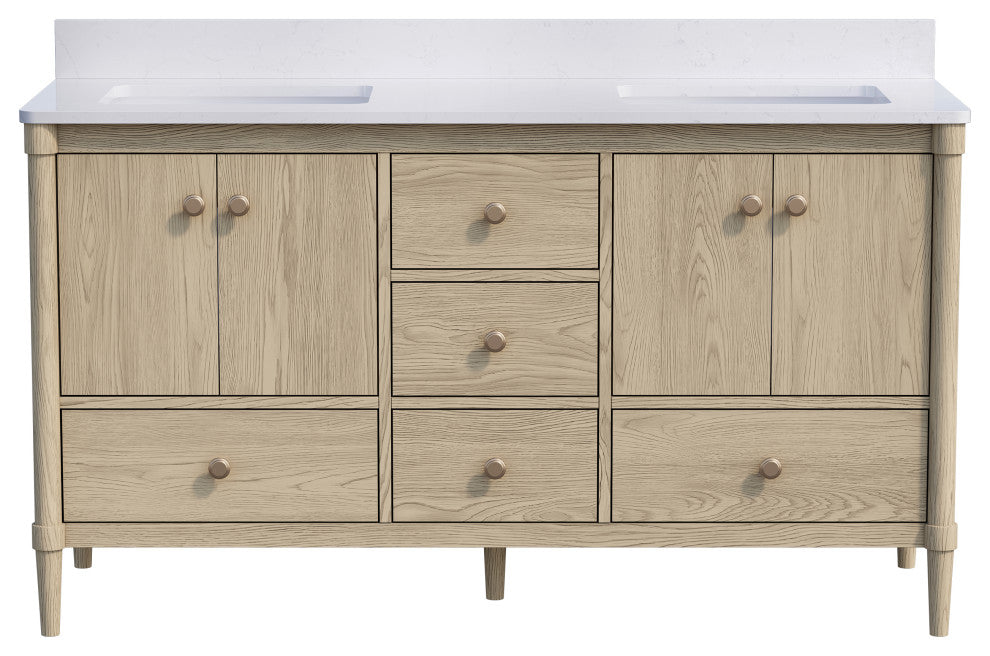 Solid Wood Bathroom Vanity with Carrara White Quartz Top in Oak, 60 Inch