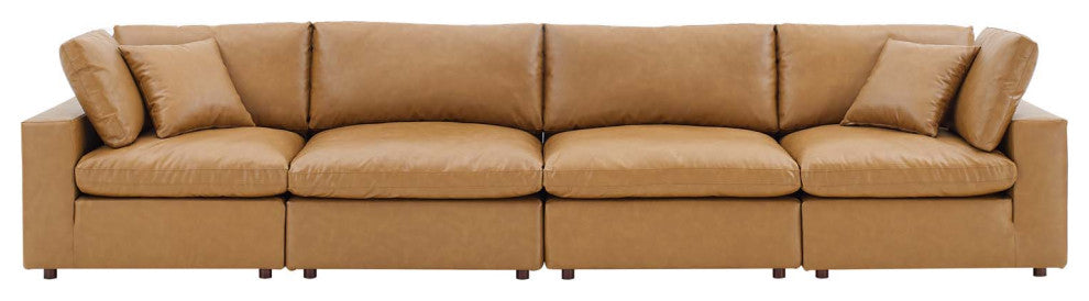 Commix Down Filled Overstuffed Vegan Leather 4-Seater Sofa - Tan