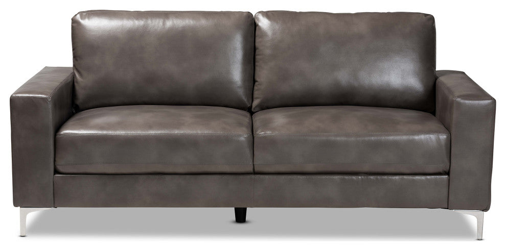 Rayan Modern Grey Faux Leather Upholstered Silver Finished Metal Loveseat