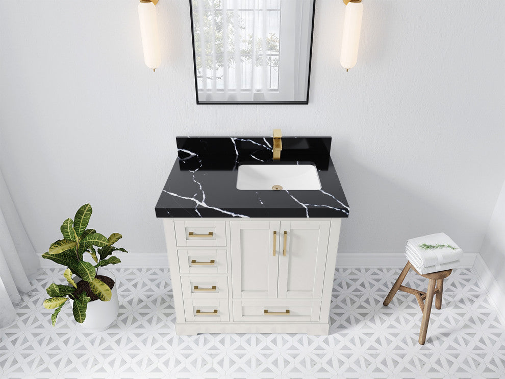 Boston 36" Right Offset Bath Vanity in Alabaster 2" Calacatta Black