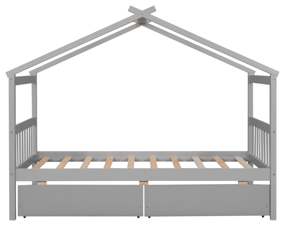 Gewnee Twin Size Wooden House Bed with Drawers, Gray