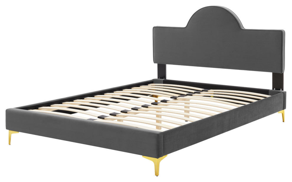 Platform Bed Frame, King Size, Charcoal Gray, Velvet, Modern, Guest Suite