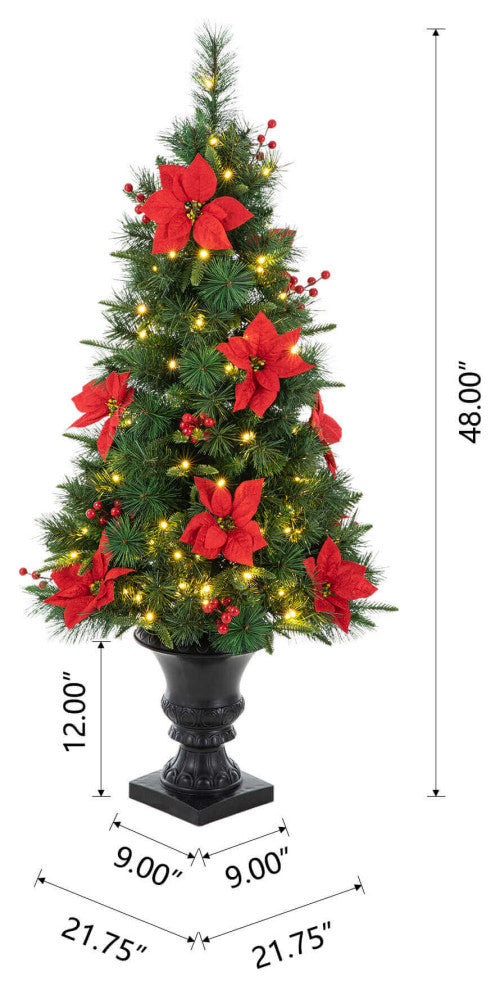 Pre-Lit Pine Artificial Christmas Tree, 4', Poinsettia/Berries