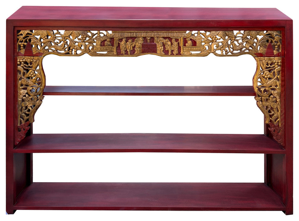 Chinese Red Golden Carving Rectangular Curio Display Stand Side Table Hcs7654