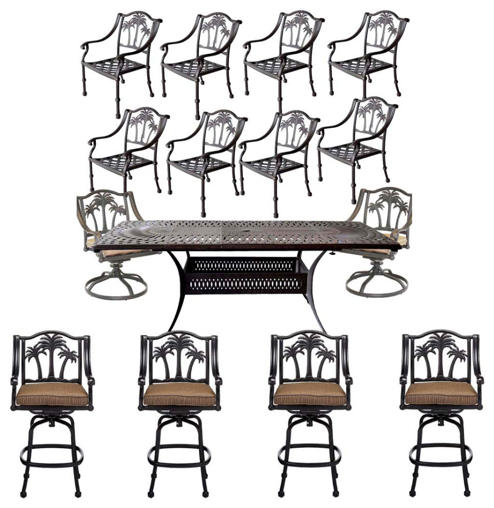 Palm Tree cast aluminum furniture 15-piece outdoor dining set extendable table
