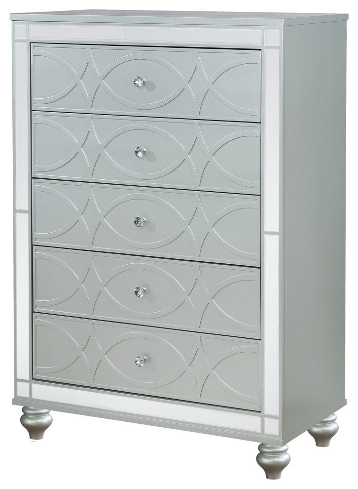 Benzara BM280372 Glam Tall Dresser Chest, 5 Drawers Round Crystal Knobs, Silver