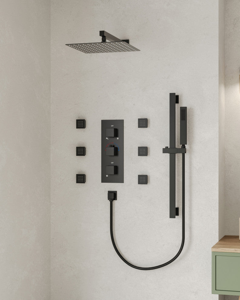 Thermostatic Shower Faucet 12" Rain Shower Head with Handheld Slide Bar System, Matte Black