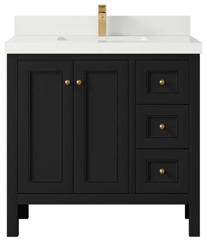 Nashville 36" Center Sink Bath Vanity, Black 2" White Quartz