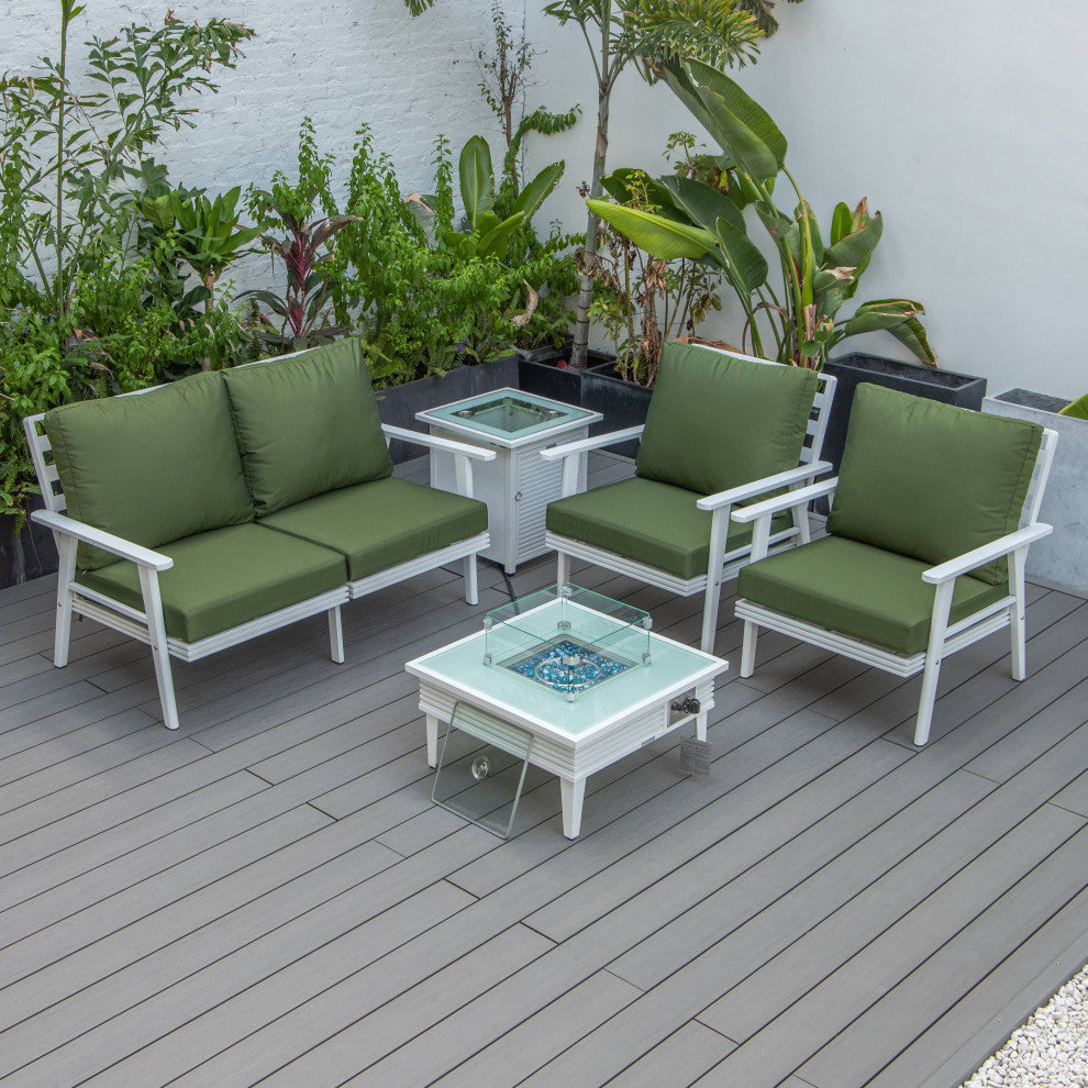 LeisureMod Walbrooke White Patio Conversation Set With Fire Pit, Green