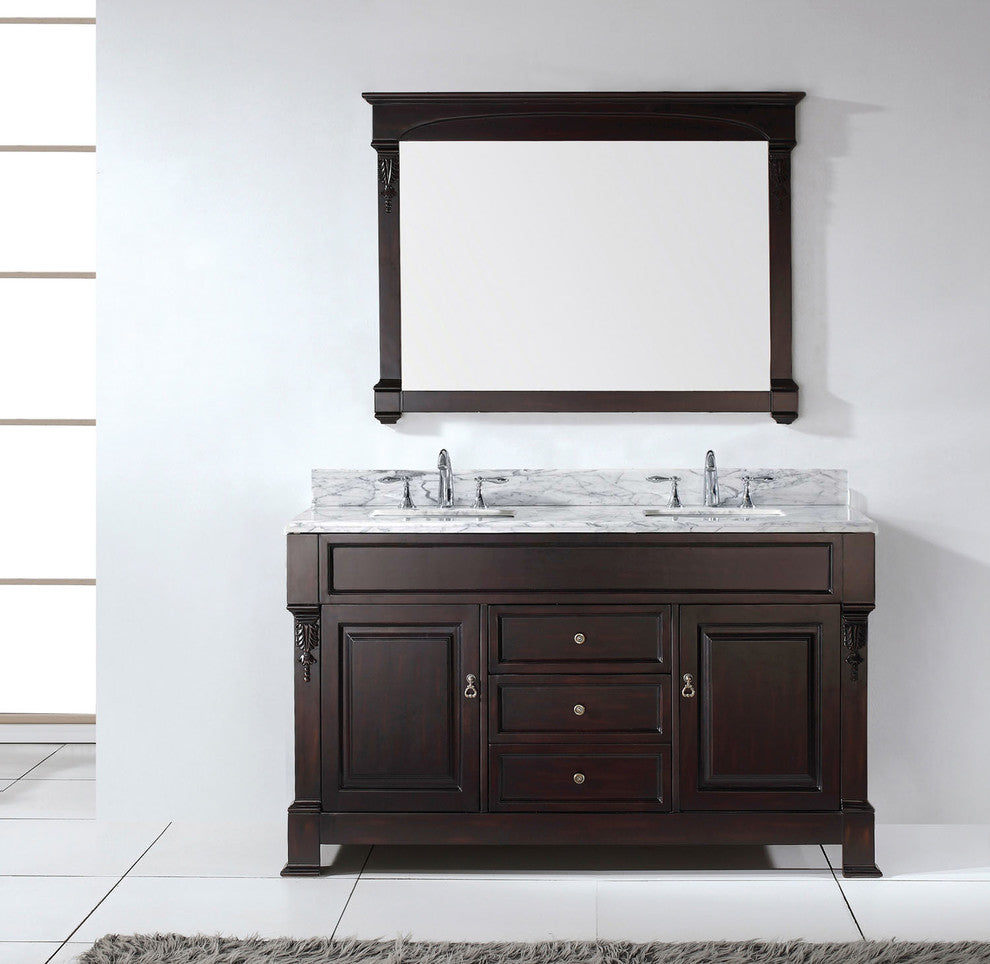 Virtu Huntshire 60" Double Bathroom Vanity, Dark Walnut With Faucet and Mirror