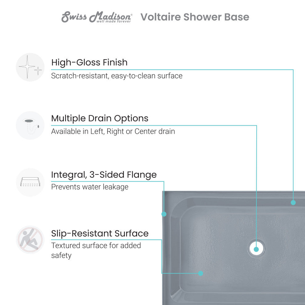Voltaire 48"x36" Single-Threshold, Center Drain, Shower Base, Gray