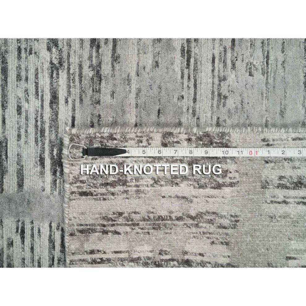 Gray, Hand Spun Wool, Hand Knotted, Modern Design, XL Runner Rug, 2'7"x25'6"