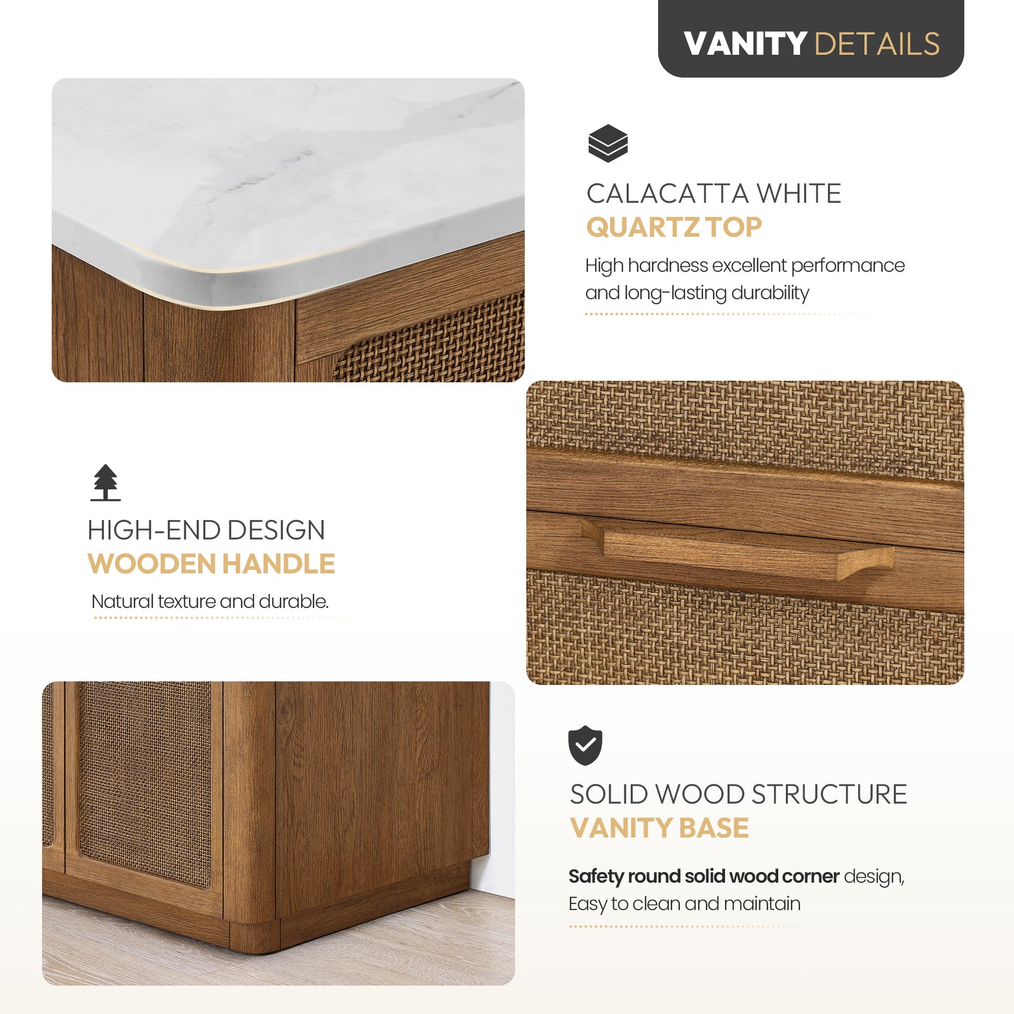 Busan Bath Vanity, Quartz Top No Mirror, Oak Classic Brown, 60", Double Vanity