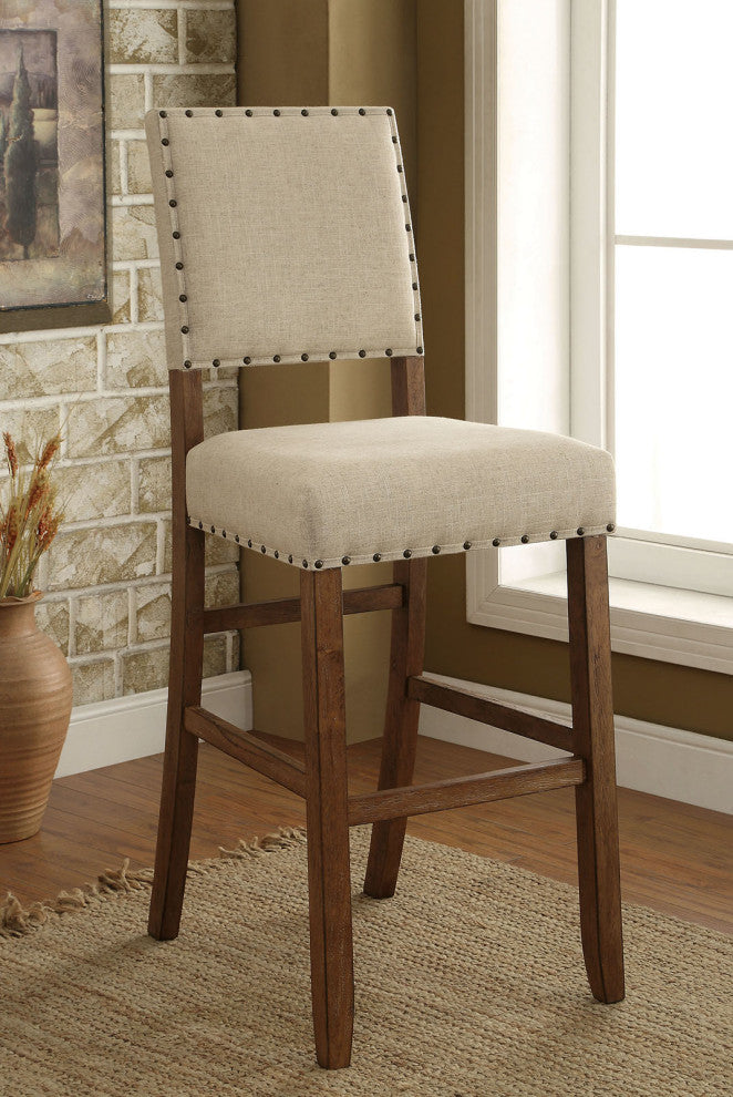 Set of 2 Fabric Upholstered Bar Chair, Beige and Rustic Oak