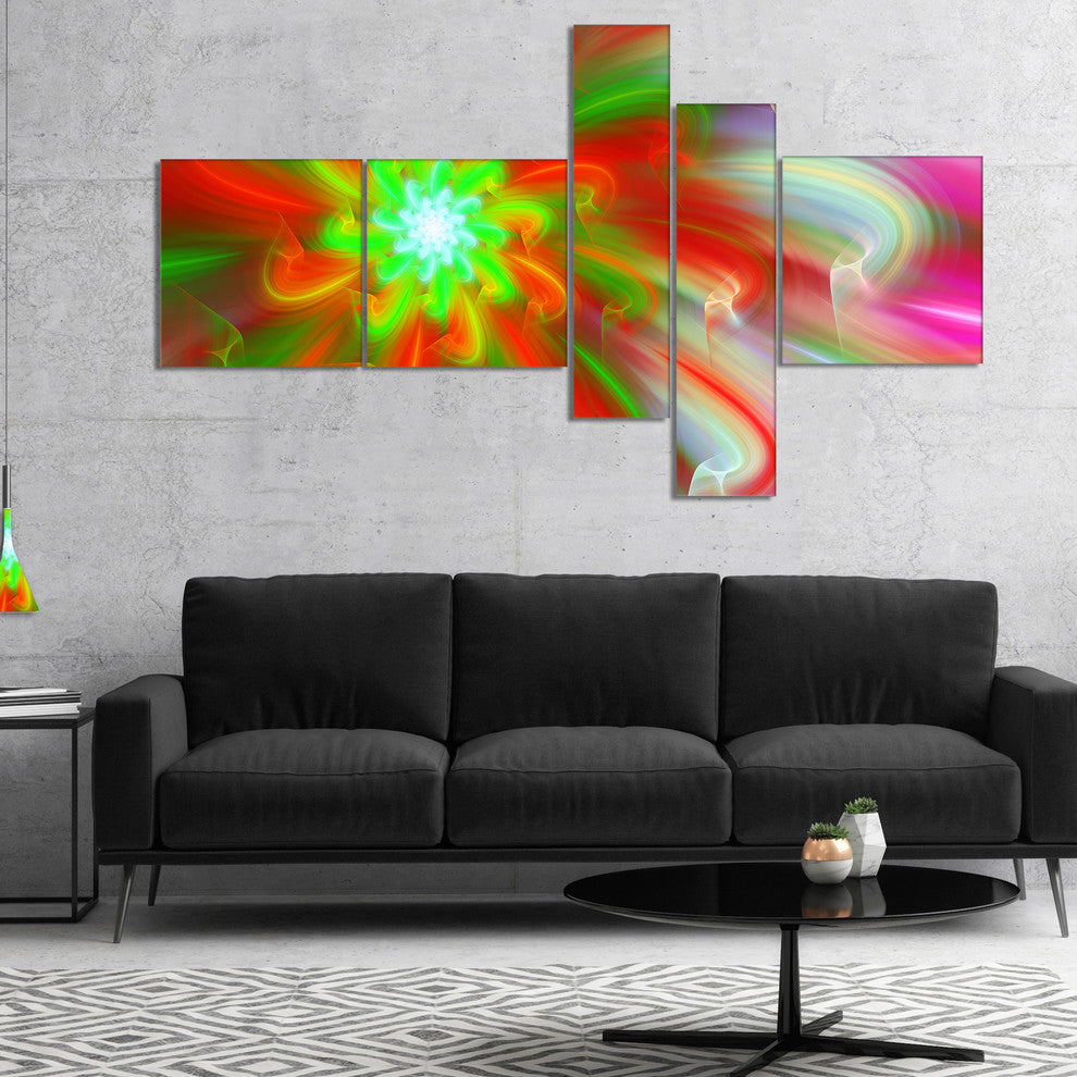 Dance of Red Fractal Flower Petals, Floral Canvas Art Print, 60"x32", 5 panels