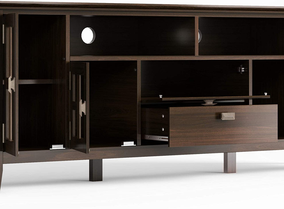 Contemporary TV Stand, Storage Glass Doors and Open Compartments, Tobacco Brown