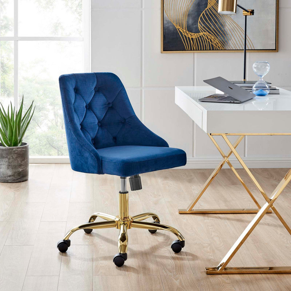 Computer Desk Swivel Tufted Chair, Velvet, Gold Blue Navy, Modern, Home Office