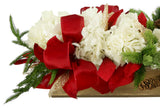 Hydrangea Holiday Arrangement with Bows in a Wood Planter