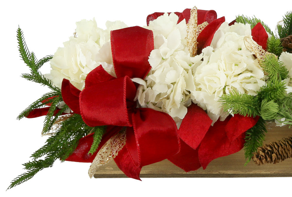 Hydrangea Holiday Arrangement with Bows in a Wood Planter