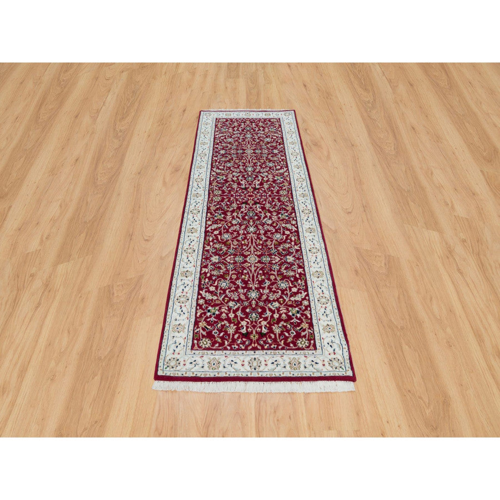 Red, Hand Knotted, Nain Design, 250 KPSI Organic Wool Runner Rug, 2'9"x8'2"