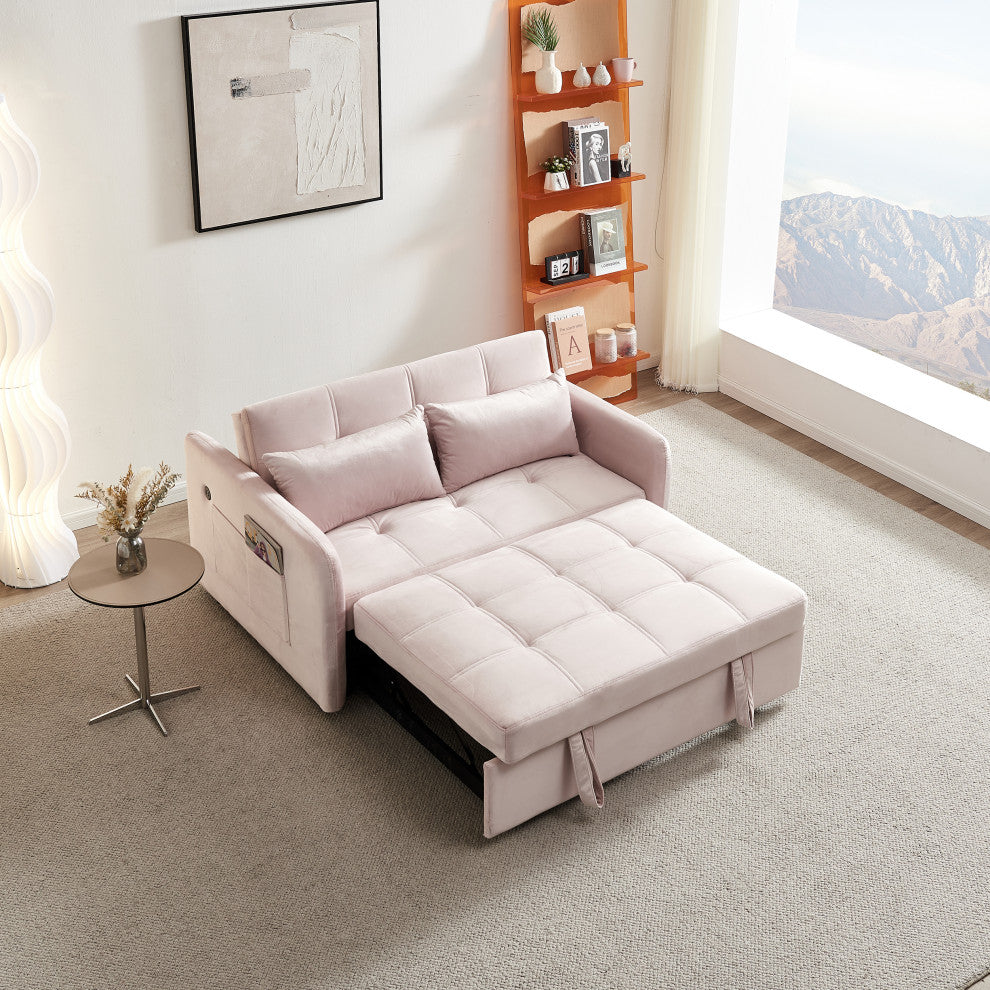 TATEUS 55.5" Twins Pull Out Sofa Bed Velvet for Small Room Pink