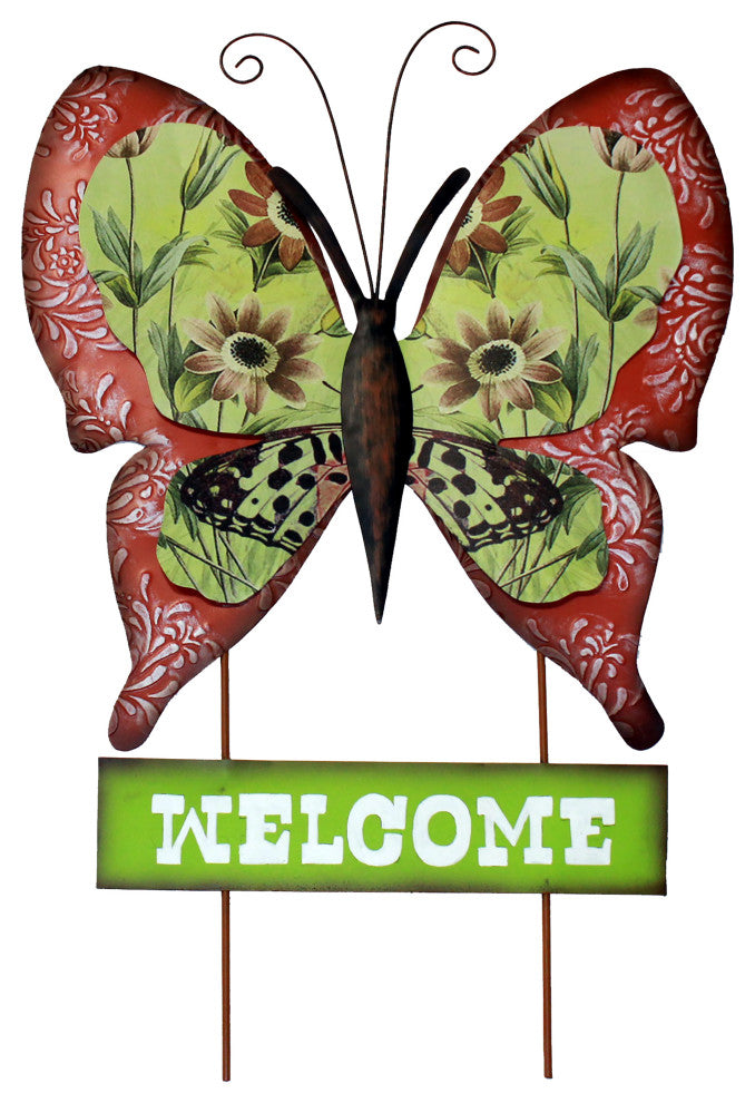 25" Metal Butterfly Garden Stake, With Green Welcome Sign