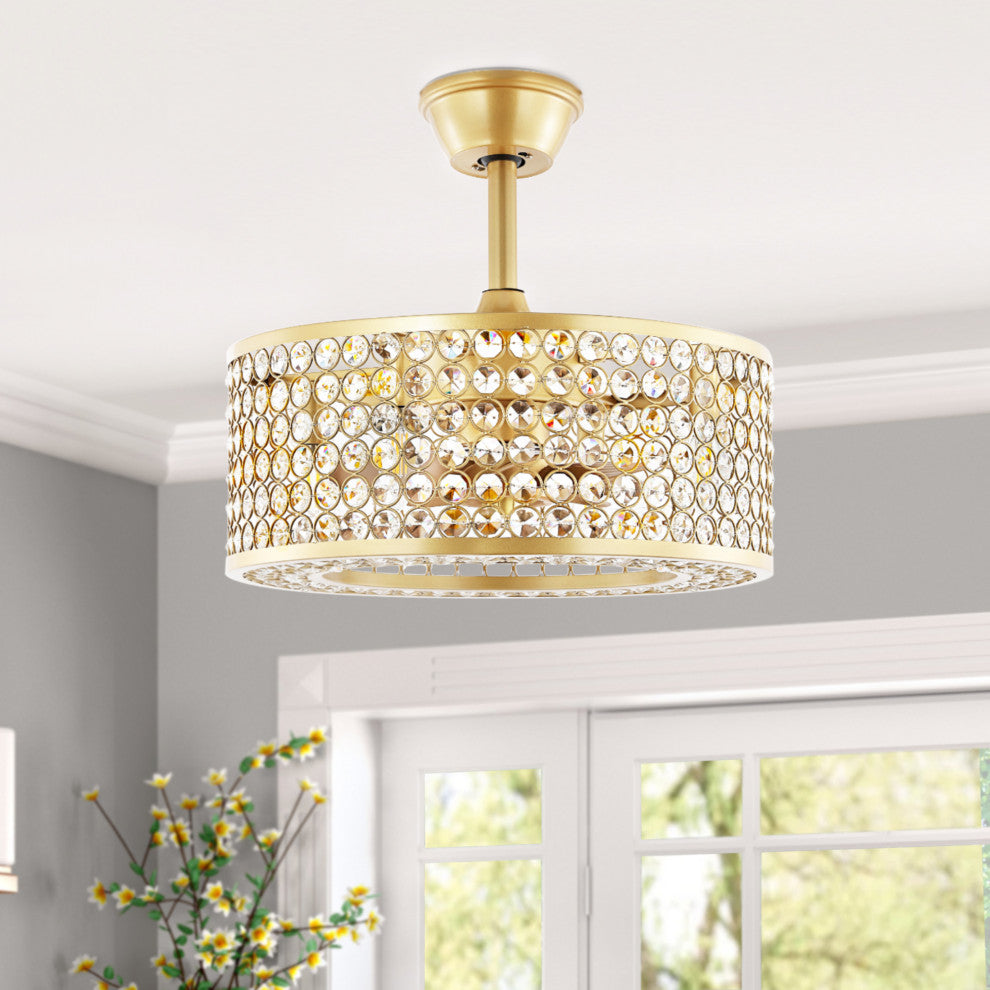 18" Caged Crystal Ceiling Fan with Light Kit and Remote Control, Gold