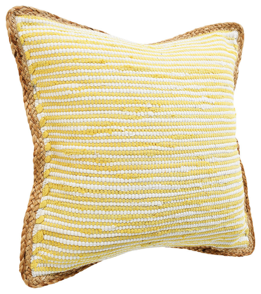 Golden Yellow and White Striped Jute Bordered Throw Pillow