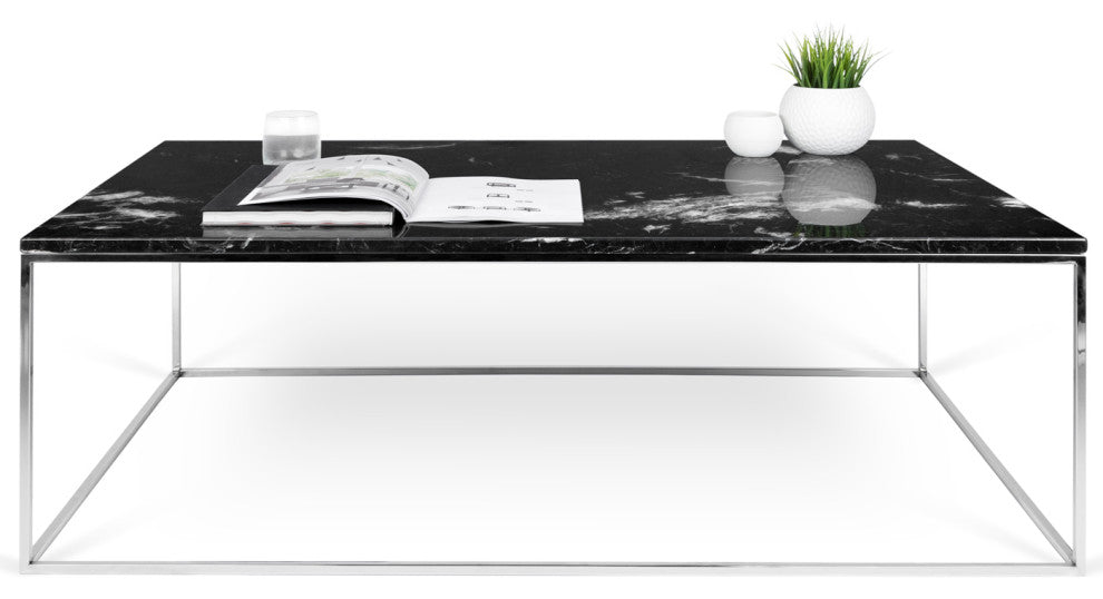 Modern Metal Rectangle Marble Top Coffee Table, Black Marble/Chrome
