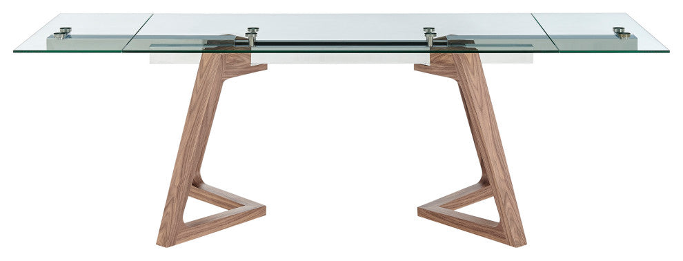 Donar Extension Table in Clear Tempered Glass Top and American Walnut Wood Base