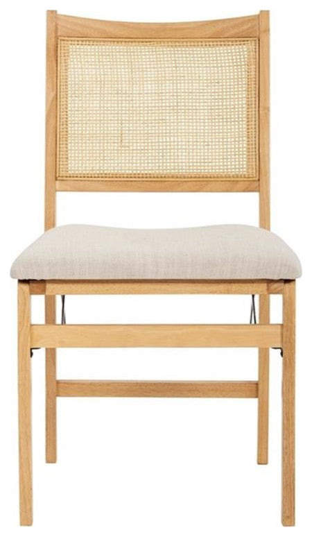 Linon Lorna Folding Side Chair Woven Cane Back Beige Padded Seat in Natural Wood
